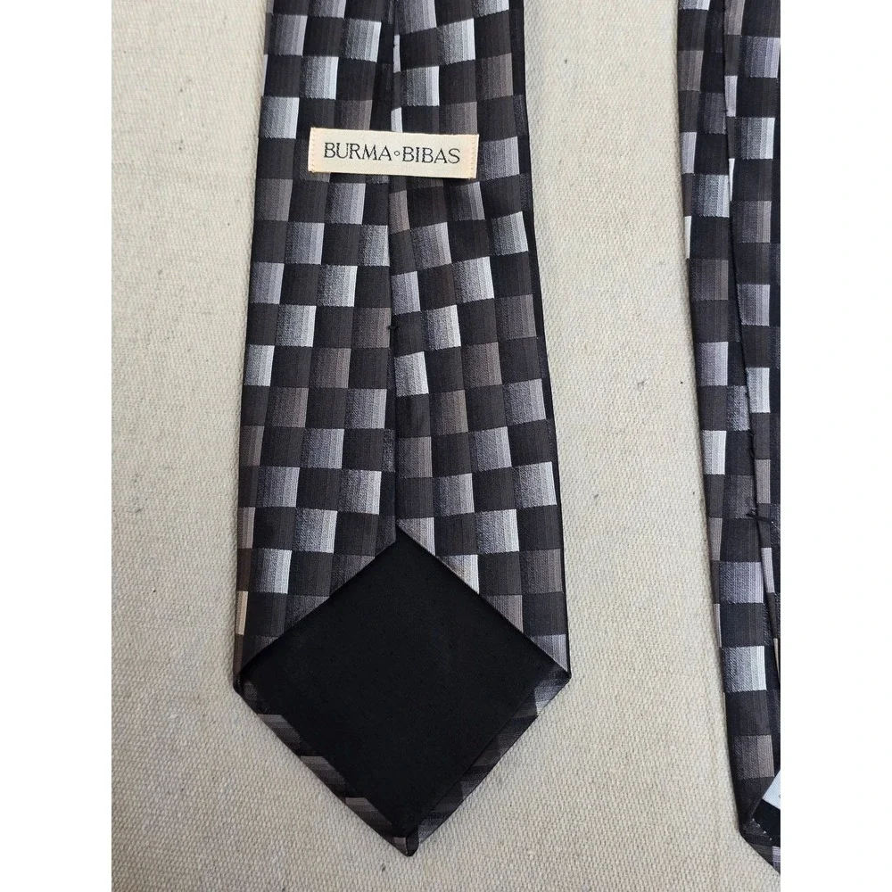 Burma Bibas Mens Silk Necktie Black Grey Silver Geometric Checkered Grid Pattern